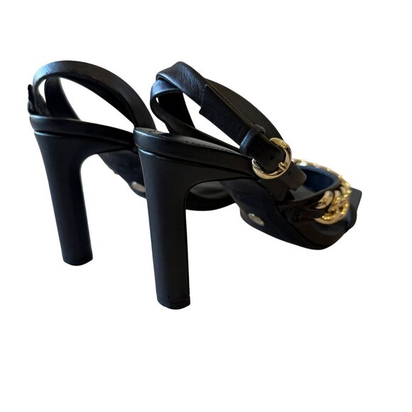 Zara Size 37 Strappy Square Toe Black Leather Sandal Gold Chain Heel Ankle Strap - Picture 6 of 12